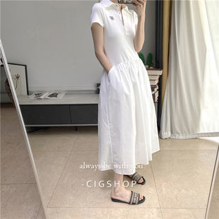 Polo领白色连衣裙女2025新款淡人穿搭中长款收腰裙子显瘦伞裙