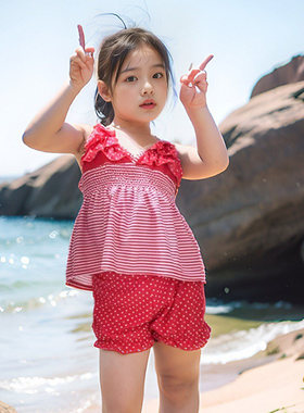 速干红色温泉泳装女童分体泳衣