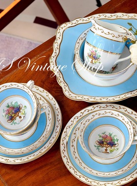 英国雪莱shelley前身FOLEY早期水果花园蓝色清透咖啡杯红茶杯糖奶