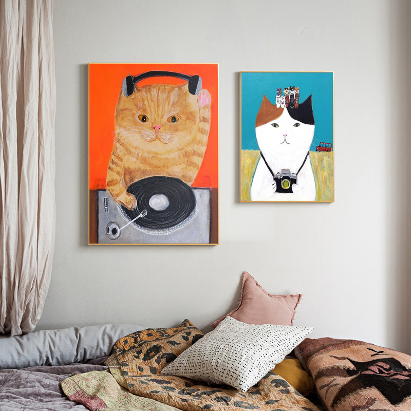 北欧小众卡通猫咪客厅宠物店装饰画现代民宿玄关走廊挂画卧室壁画图片
