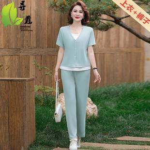 女装 运动套装 两件套衣服时尚 中年人衣服夏季 夏装 中老年妈妈装 薄款