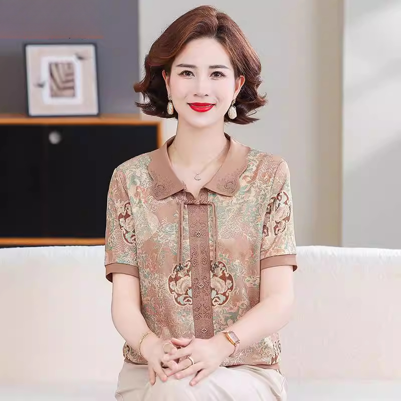 小个子2025新款妈妈夏装冰丝小衫上衣洋气中老年人女装短袖T恤薄