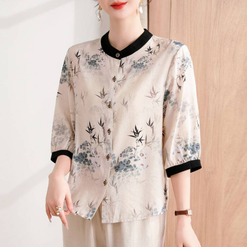 中老年女装夏季薄款上衣洋气2025妈妈夏装新中式衬衫套装新款国风