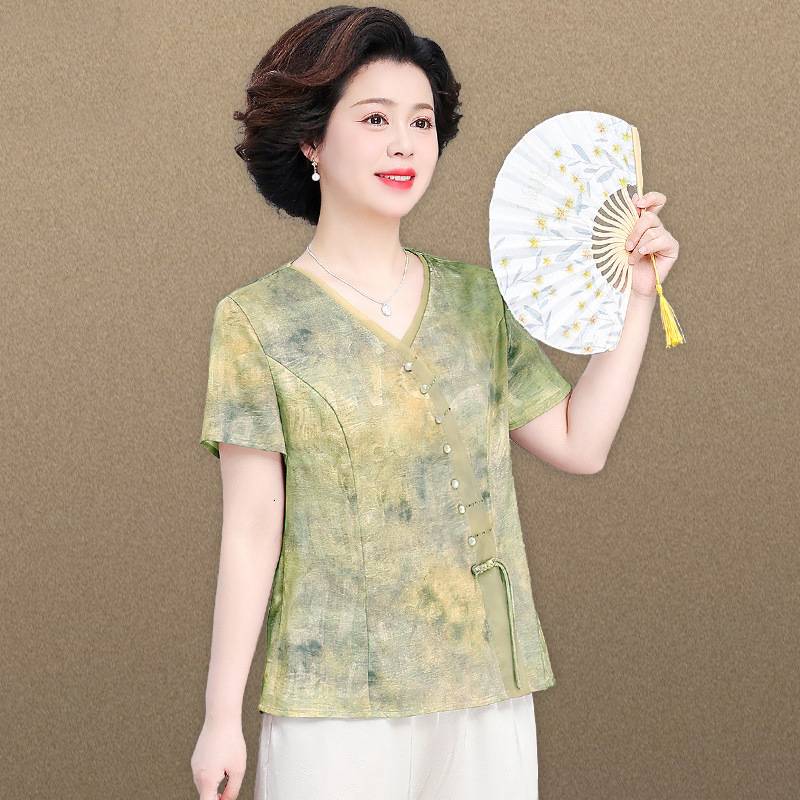 新中式妈妈夏装套装中老年人夏季短袖t恤女奶奶夏天上衣服两件套