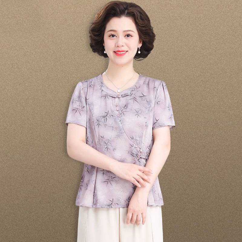 新中式妈妈夏2025新款女装短袖T恤上衣中老年人女夏季小衫两件套