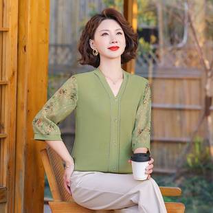 冰丝小衫 恤中老年女春夏季 薄款 上衣女装 妈妈夏装 2025新中式 纱袖