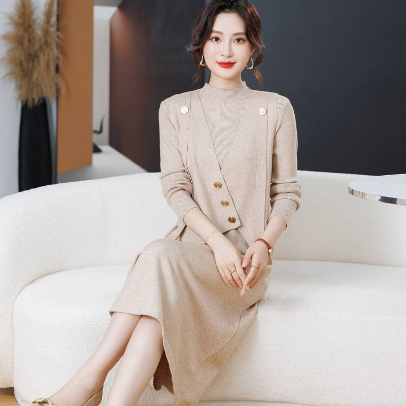 2025新款洋气高贵中老年女装春秋冬针织两件套妈妈秋装套装连衣裙