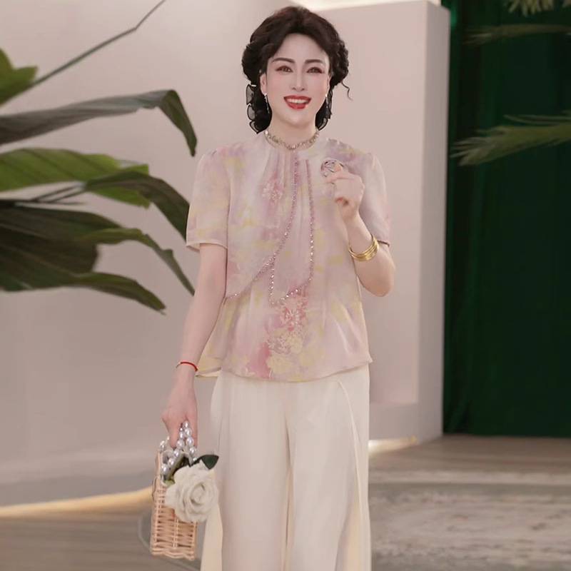 2025新款夏季妈妈装薄款时尚套装气质衬衣女装洋气减龄T恤两件套
