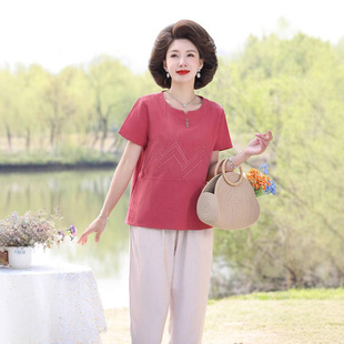 中年妈妈夏季 宽松两件套 麻棉洋气上衣2025新款 中老年洋气百塔短袖