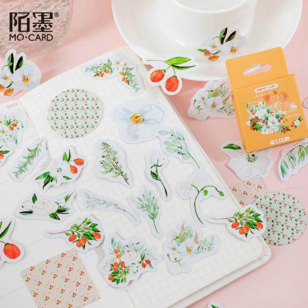 金桔白蔷系列 盒装贴纸 花朵植物不干胶手账日记装饰小贴画封口贴