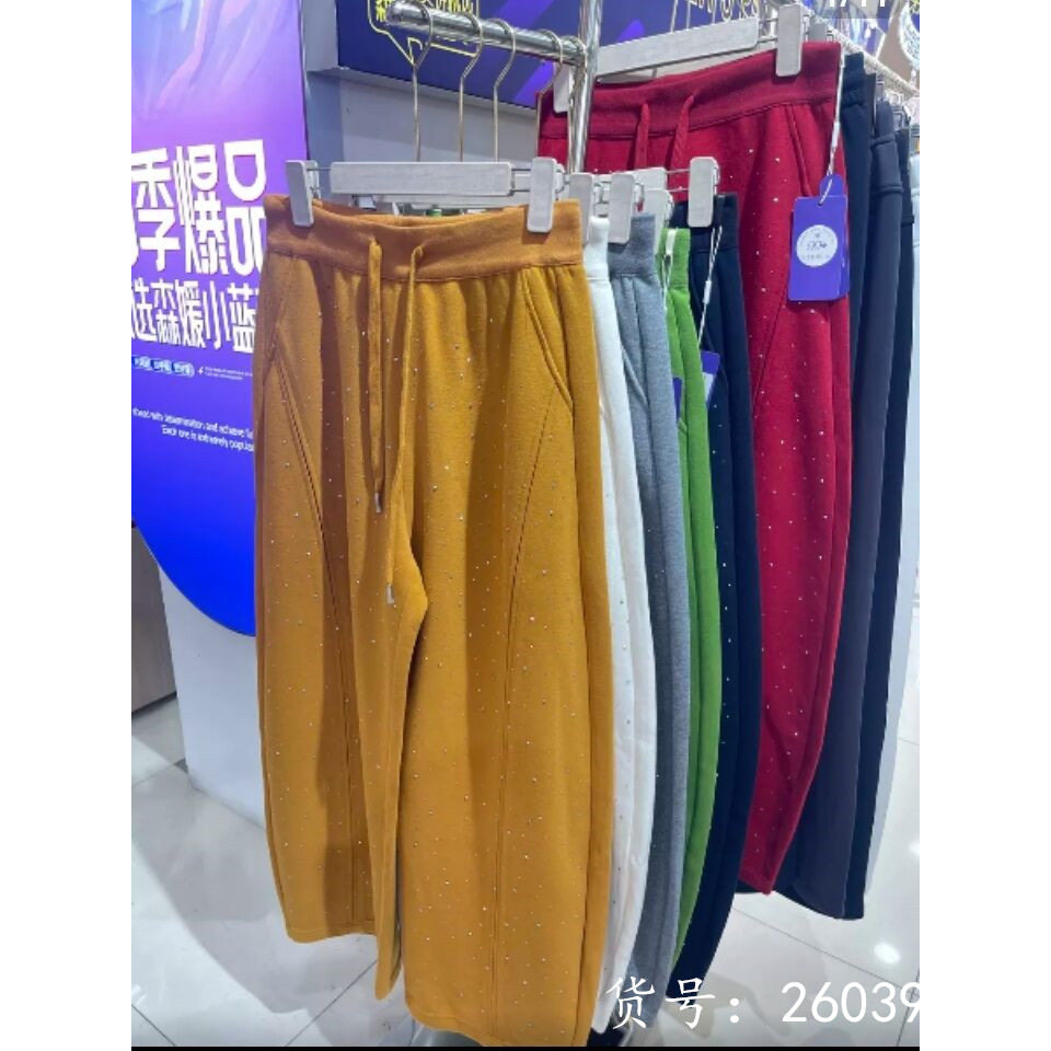 森媛闪钻小蓝莓松紧腰阔腿裤女春秋冬休闲裤运动百搭弯刀裤26039