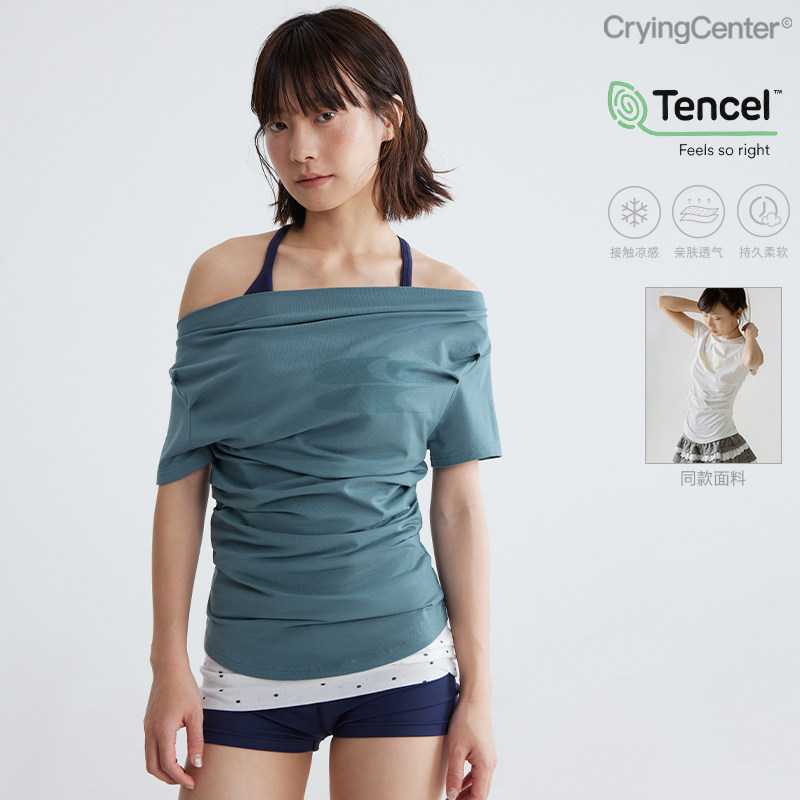 CryingCenter兰精莫代尔凉感斜肩一字肩领短袖露肩褶皱凉感上衣图片