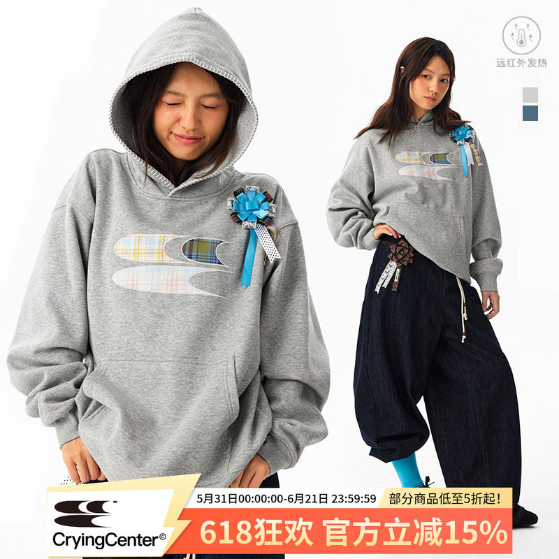 CryingCenter 格纹贴布绣加绒连帽卫衣 配胸花 男女同款 哭喊中心