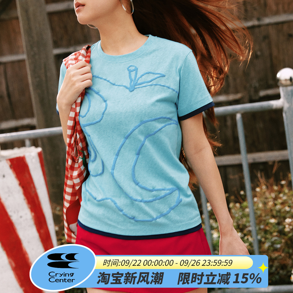 CryingCenter半透雪花竹节棉发泡3c苹果印花正肩修身短袖哭喊中心