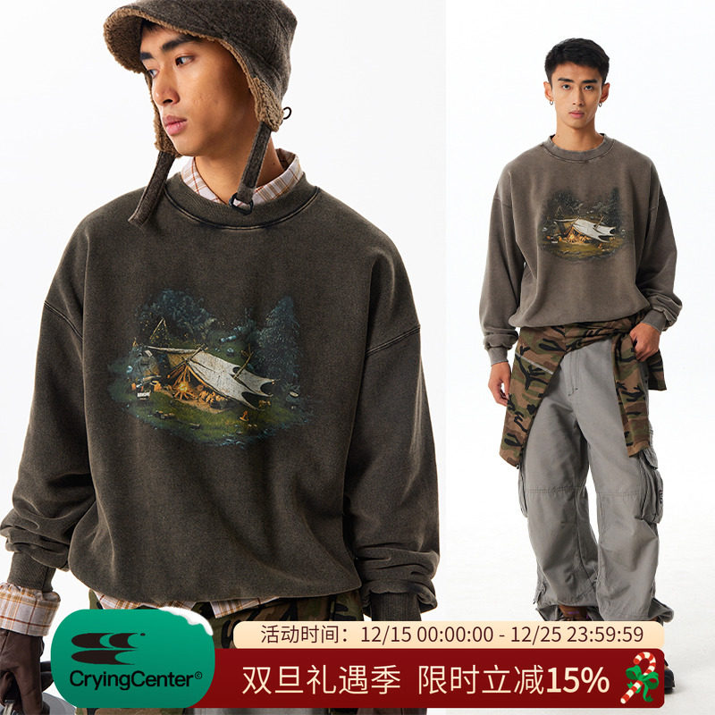 CryingCenter 抓绒水洗篝火帐篷野营复古圆领卫衣 男女款哭喊中心