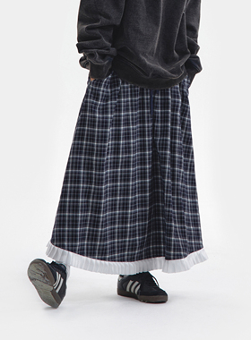 CryingCenter复古学院风格纹拼接花边伞裙半身长裙橡筋腰哭喊中心