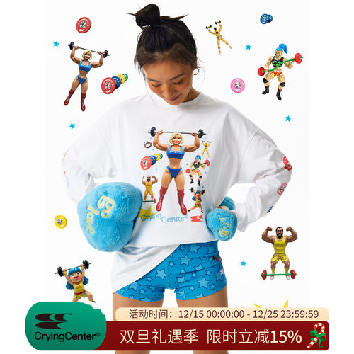 CryingCenter健身举重杠铃肌肉人印花速干运动长袖TEE男女款