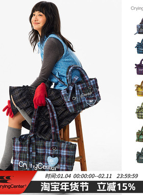 CryingCenter多色复古格纹托特包（含云朵挂件）斜挎单肩包大小号