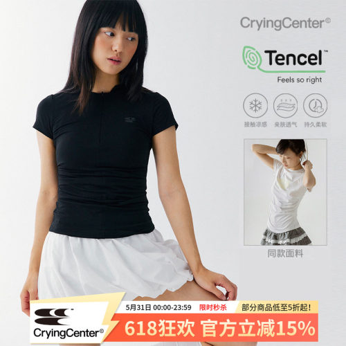 CryingCenter 凉感系列圆领前中开襟隐形拉链两侧褶皱短袖上衣