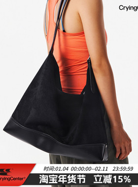 CryingCenter  黑色麂皮绒拼接大容量双肩带斜挎包手提包皮包
