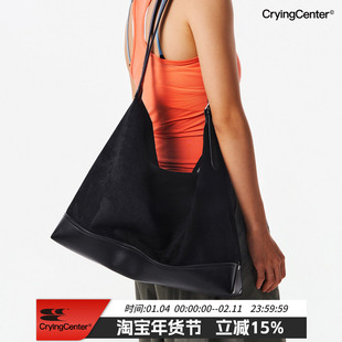 CryingCenter  黑色麂皮绒拼接大容量双肩带斜挎包手提包皮包