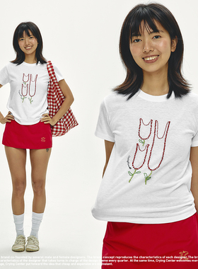 CryingCenter 3C串珠郁金香鲜花正肩T恤 花纱修身微透短袖