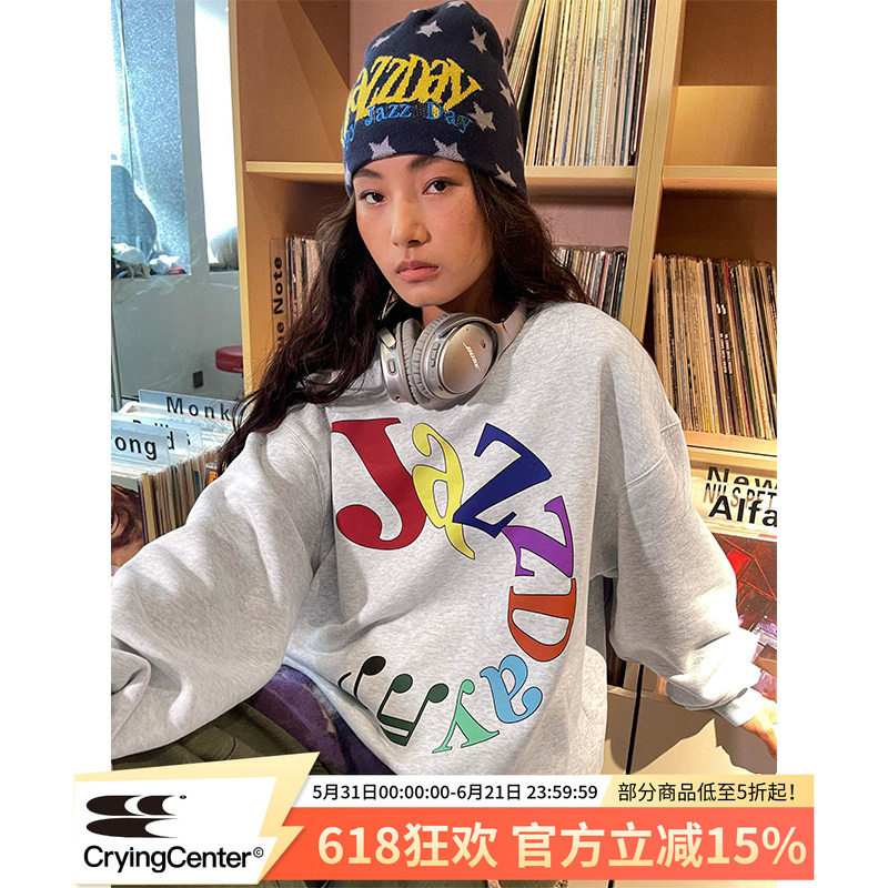 CryingCenterJazzDay环形音符花灰套头宽松加绒卫衣 哭喊中心