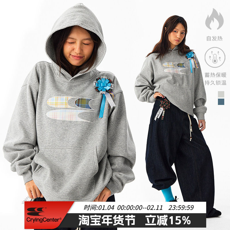 CryingCenter 格纹贴布绣加绒连帽卫衣 配胸花 男女同款 哭喊中心,男装,卫衣,淘宝优惠券,粉丝福利购,淘宝优惠卷