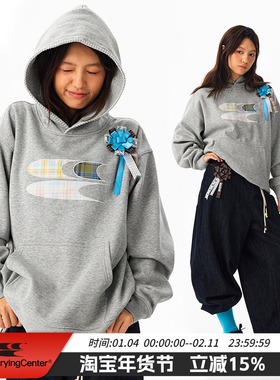 CryingCenter 格纹贴布绣加绒连帽卫衣 配胸花 男女同款 哭喊中心