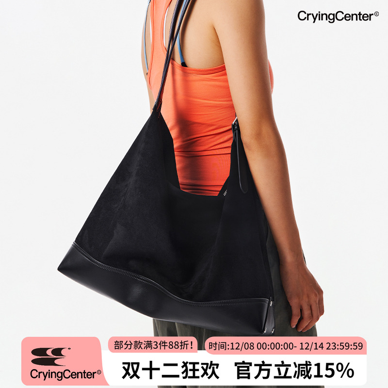 CryingCenter  黑色麂皮绒拼接大容量双肩带斜挎包手提包皮包