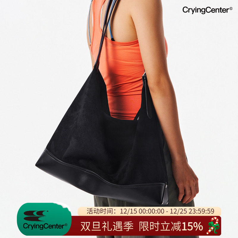 CryingCenter  黑色麂皮绒拼接大容量双肩带斜挎包手提包皮包
