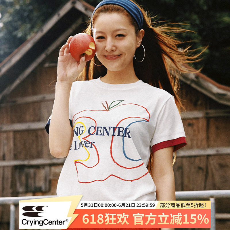 CryingCenter 微透雪花纹理竹节棉轻薄合身正肩线条3C苹果印花Tee