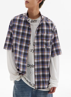 CryingCenter宽松廓形休闲复古灰紫色格纹短袖衬衫外搭 哭喊中心
