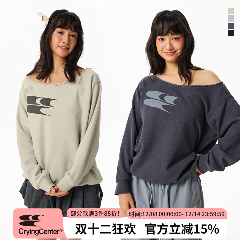 CryingCenter一字斜肩logo卫衣软糯加绒休闲显瘦秋装上衣长袖女款
