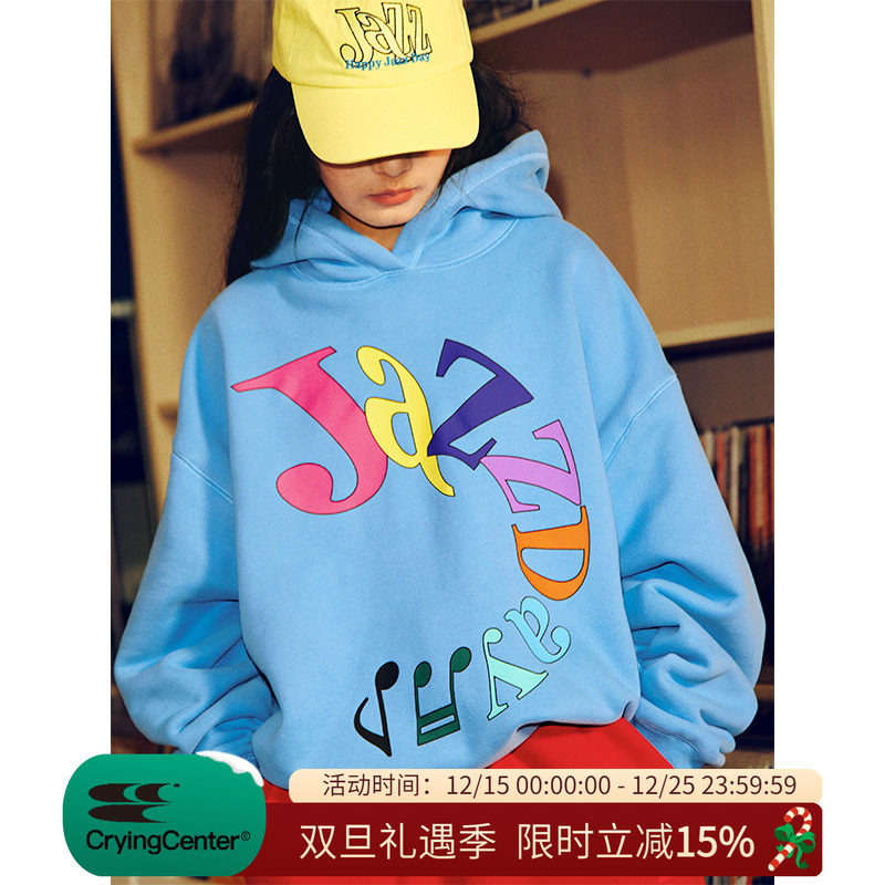 CryingCenterJazzDay弧形音符字母印花宽松套头加绒卫衣 哭喊中心