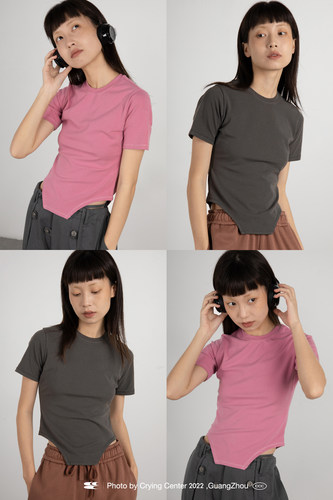 冷粉非常规下摆设计紧身辣妹小短