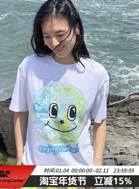 CryingCenter 地球插画手写字点纱轻柔触圆领短袖t恤 哭喊中心