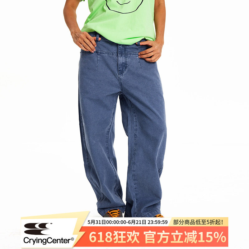 CryingCenter休闲复古法工蓝洗水做旧工装裤修饰腿形小弯刀长裤