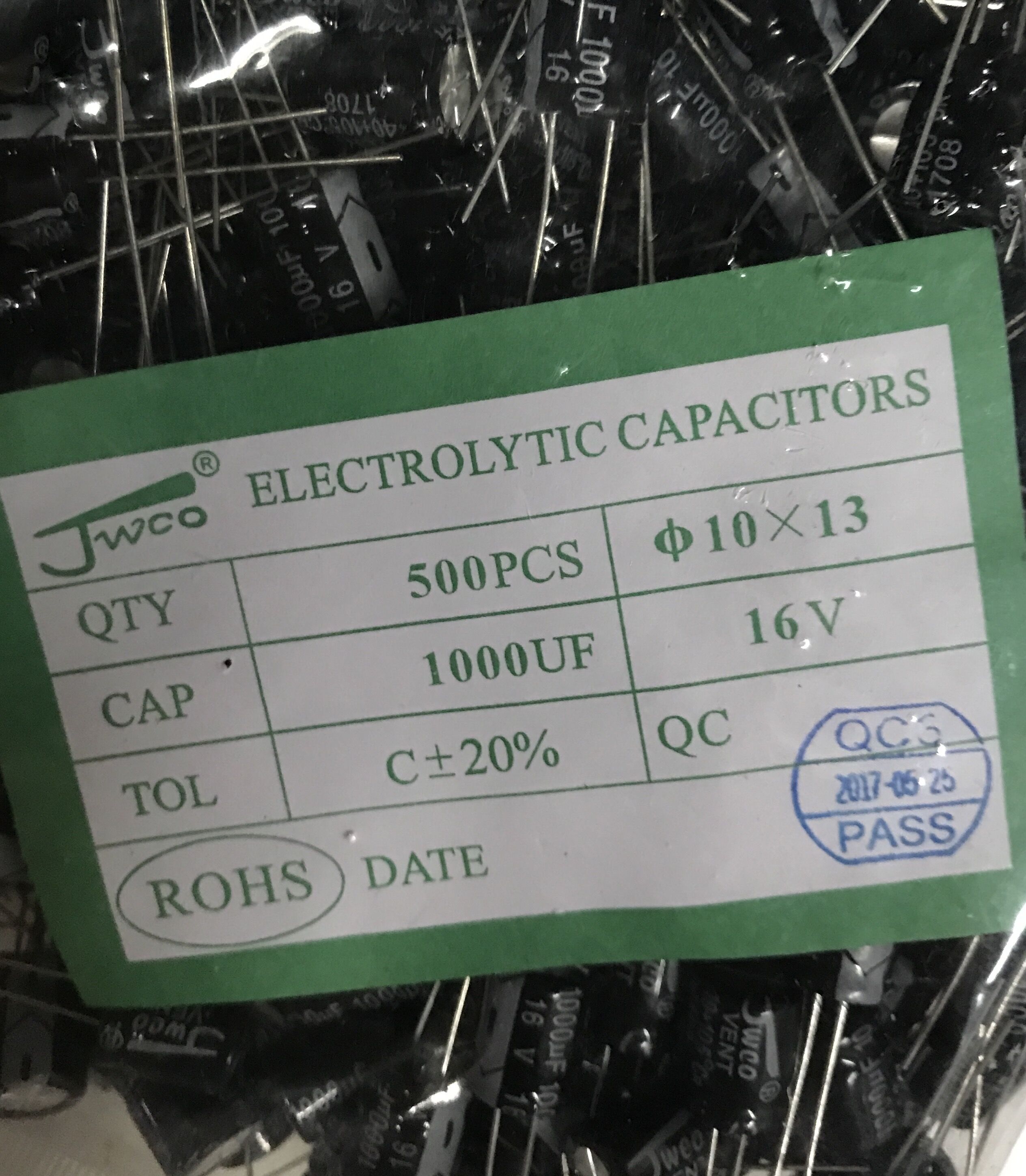 JWCO CD1000UF/16V 直插铝电解电容 16V1000UF 10*13 500只一包