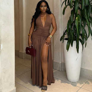 欧美风外贸女装 深V领高开叉收腰气质长裙dress 纯色连衣裙性感无袖