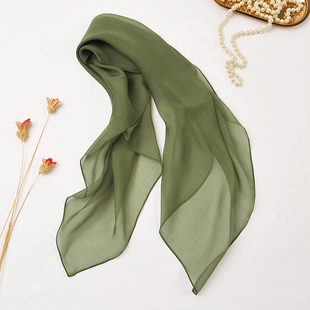 丝巾围巾 100%桑蚕丝纯色军绿真丝小方巾女士高档春秋薄款 微瑕