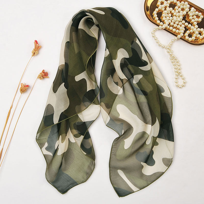 【微瑕】100%桑蚕丝绿色迷彩真丝小方巾女士高档春秋薄款丝巾围巾