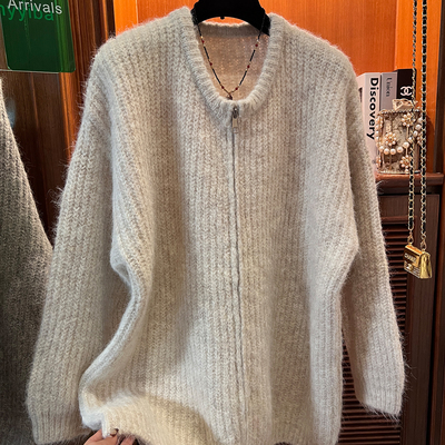 韩系慵懒风中长款拉链毛衣