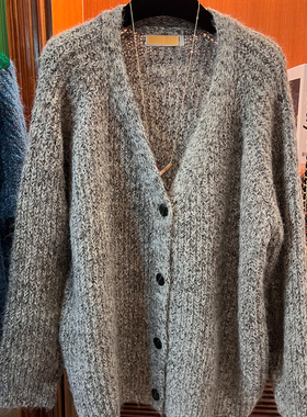 法式V领花纱线紫色开衫外套设计感独特别致单排扣宽松显瘦毛衣女