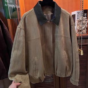 美式复古仿麂皮绒外套女2025秋季高级感皮领拼接短款花苞夹克上衣
