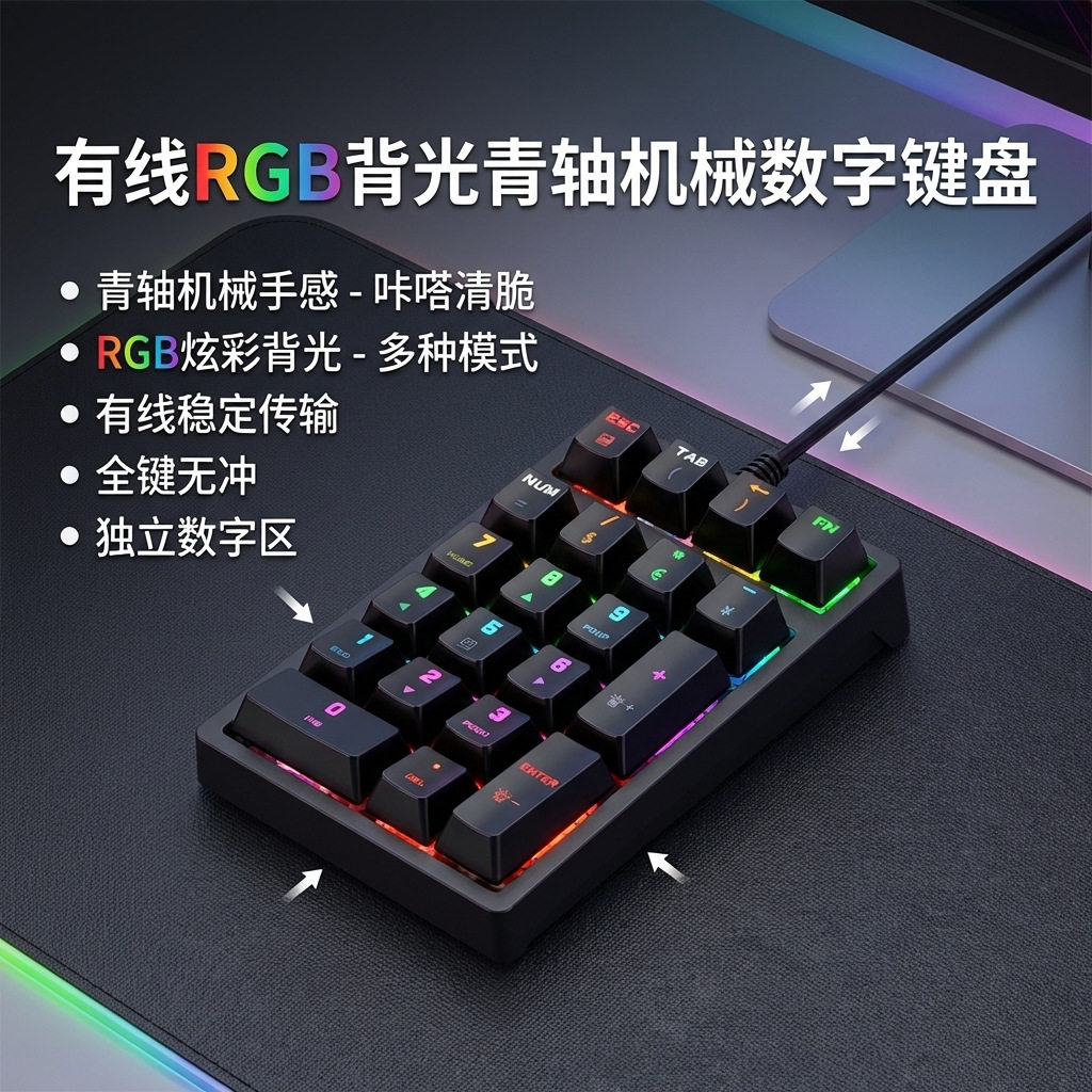 多功能小键盘有线RGB背光青轴机械数字小键盘银行键盘全新198IK21