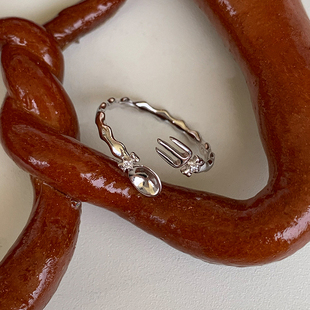 LLab s925银 原创食物系列叉子勺子开口可调节戒指