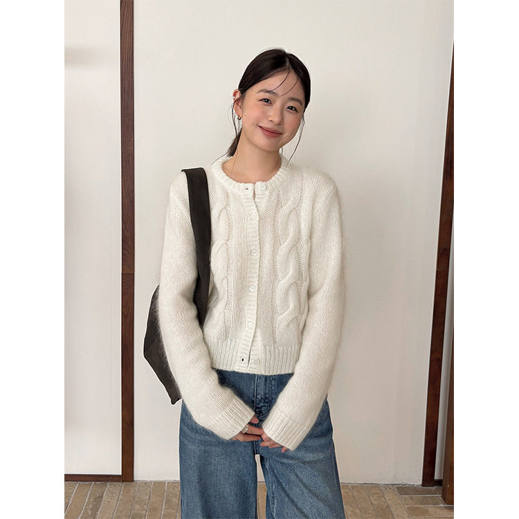 玛一 韩系复古百搭麻花混色短毛衣女2025秋冬新款针织系扣开衫