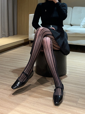 提花竖条纹显瘦网袜网眼连裤袜