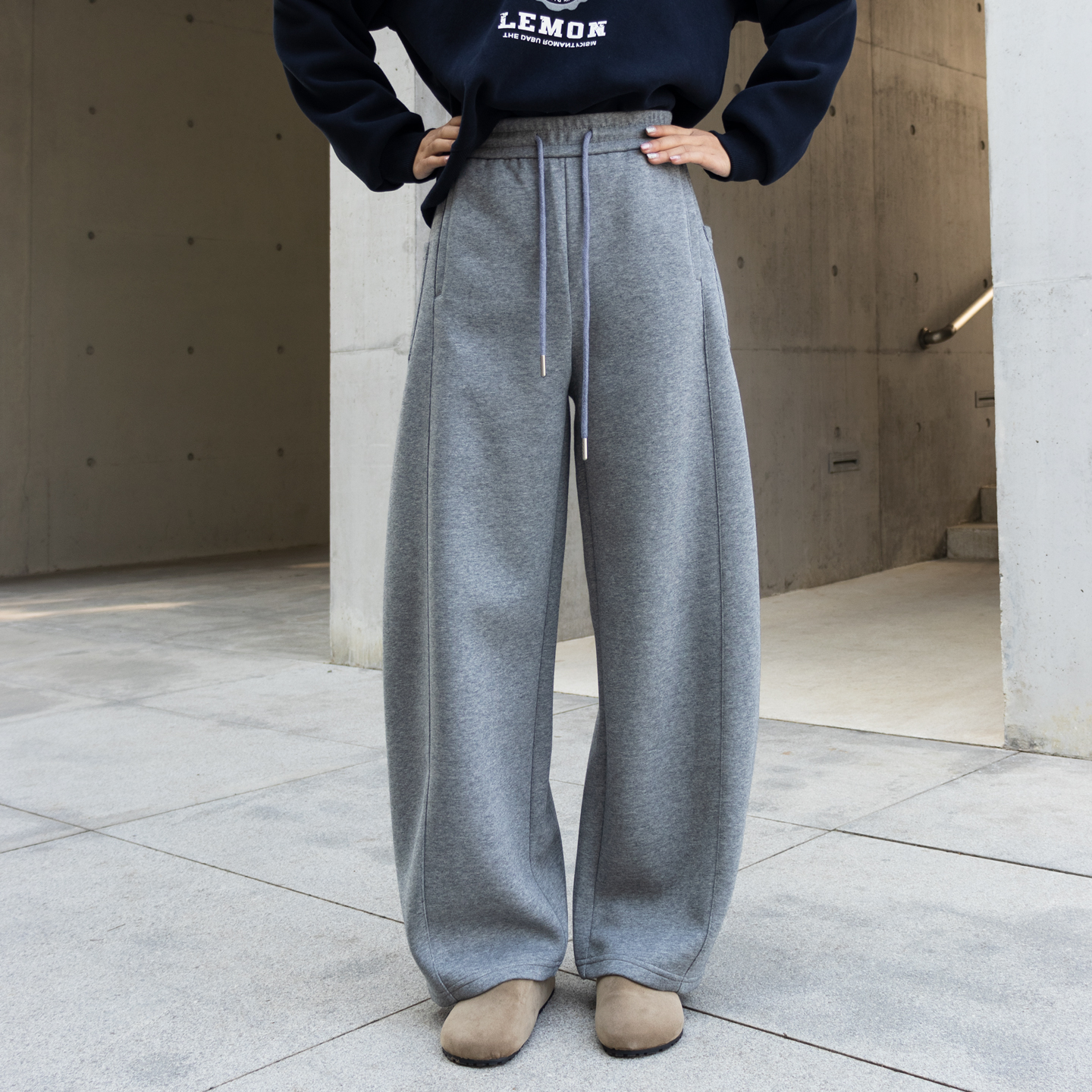 慵懒宽松灰色高腰抽绳休闲裤长裤女